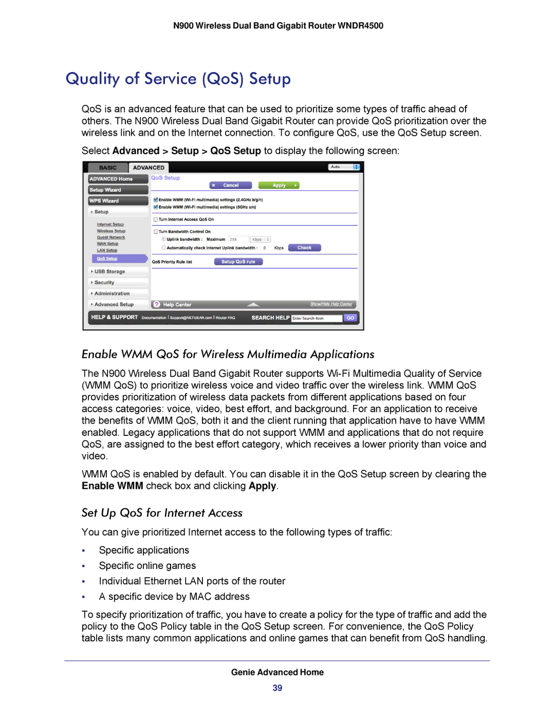 NETGEAR WNDR4500 user manual Quality of Service QoS Setup, Enable WMM QoS for Wireless Multimedia Applications 