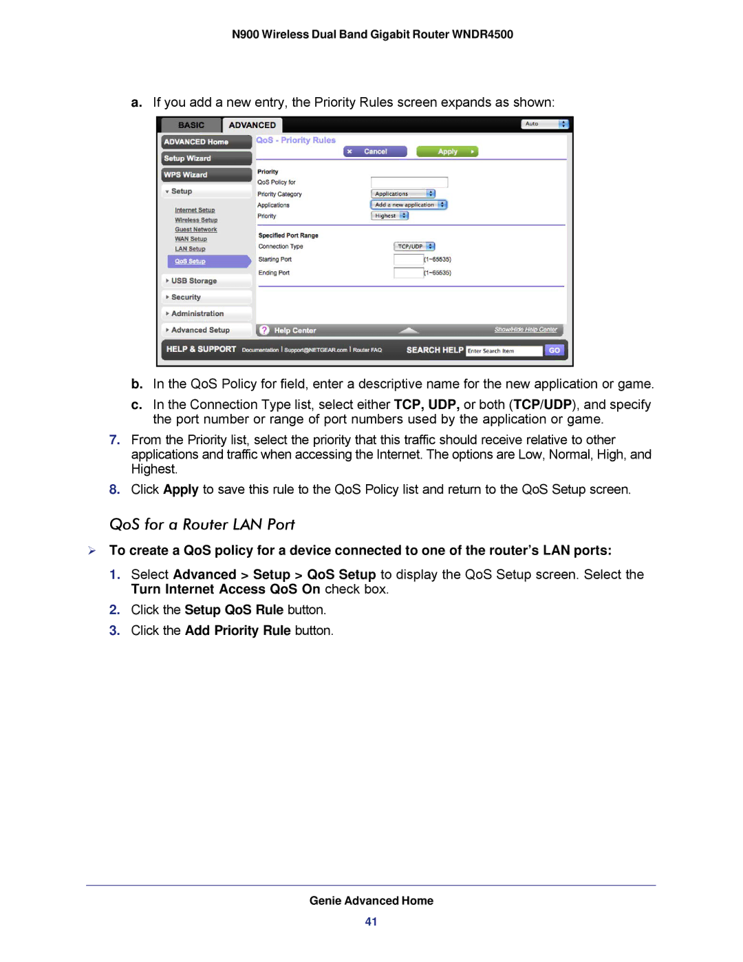 NETGEAR WNDR4500 user manual QoS for a Router LAN Port, Click the Add Priority Rule button 