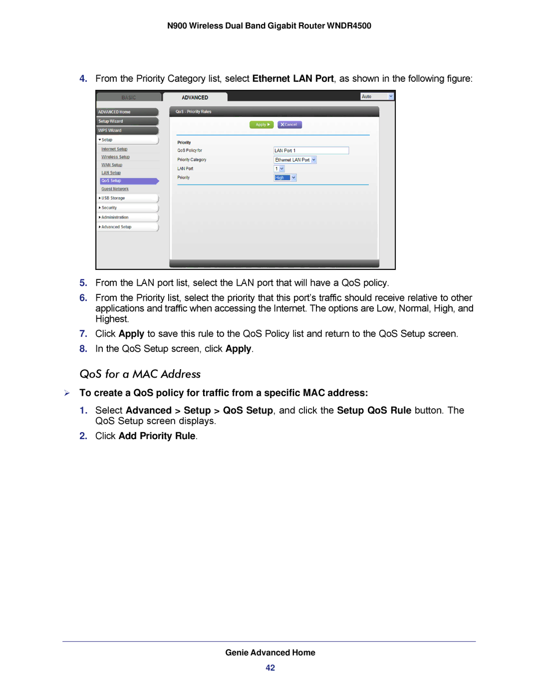 NETGEAR WNDR4500 user manual QoS for a MAC Address, Click Add Priority Rule 