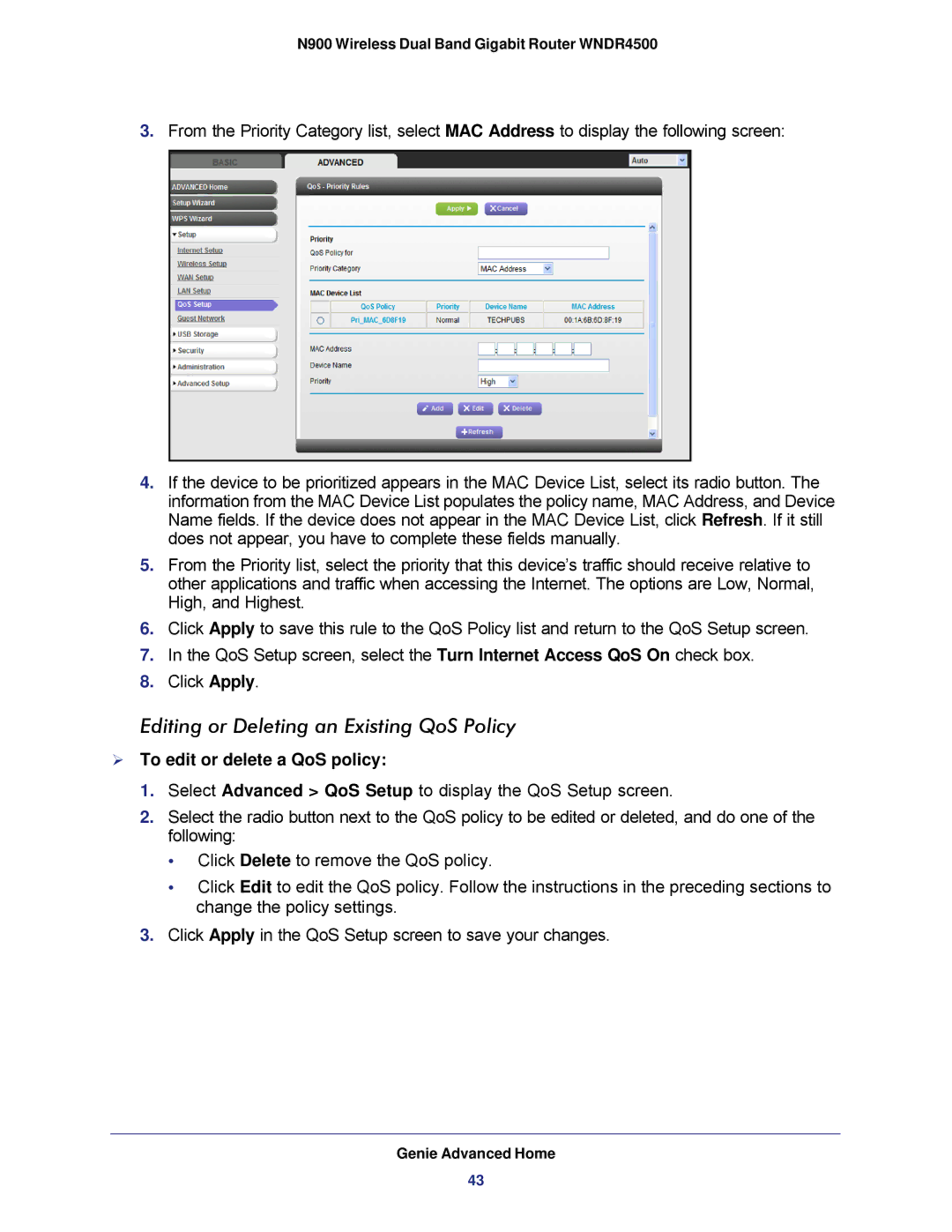 NETGEAR WNDR4500 user manual Editing or Deleting an Existing QoS Policy,  To edit or delete a QoS policy 