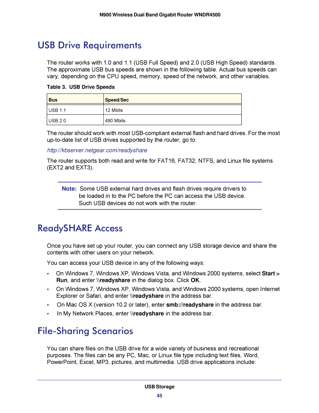 NETGEAR WNDR4500 user manual USB Drive Requirements, ReadySHARE Access, File-Sharing Scenarios 