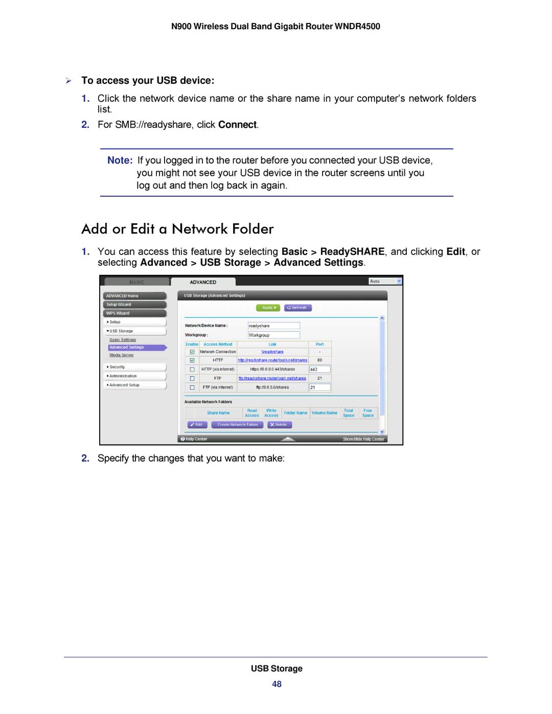 NETGEAR WNDR4500 user manual Add or Edit a Network Folder,  To access your USB device 