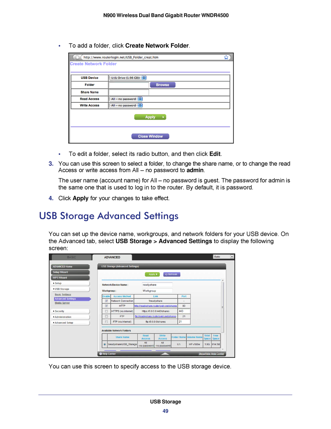 NETGEAR WNDR4500 user manual USB Storage Advanced Settings 