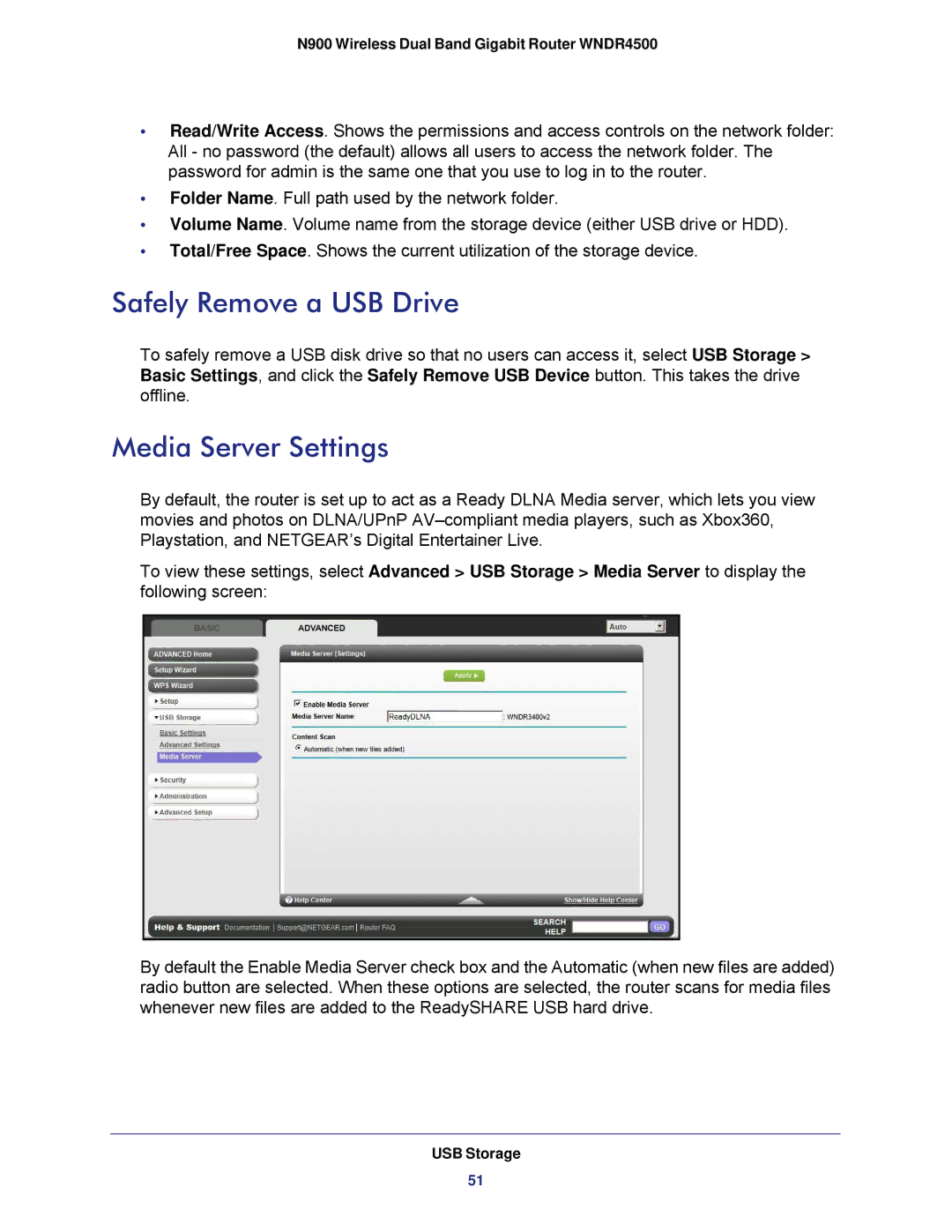 NETGEAR WNDR4500 user manual Safely Remove a USB Drive, Media Server Settings 