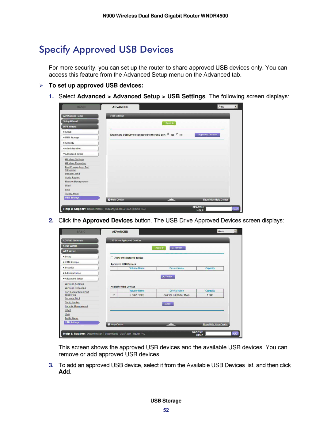 NETGEAR WNDR4500 user manual Specify Approved USB Devices 