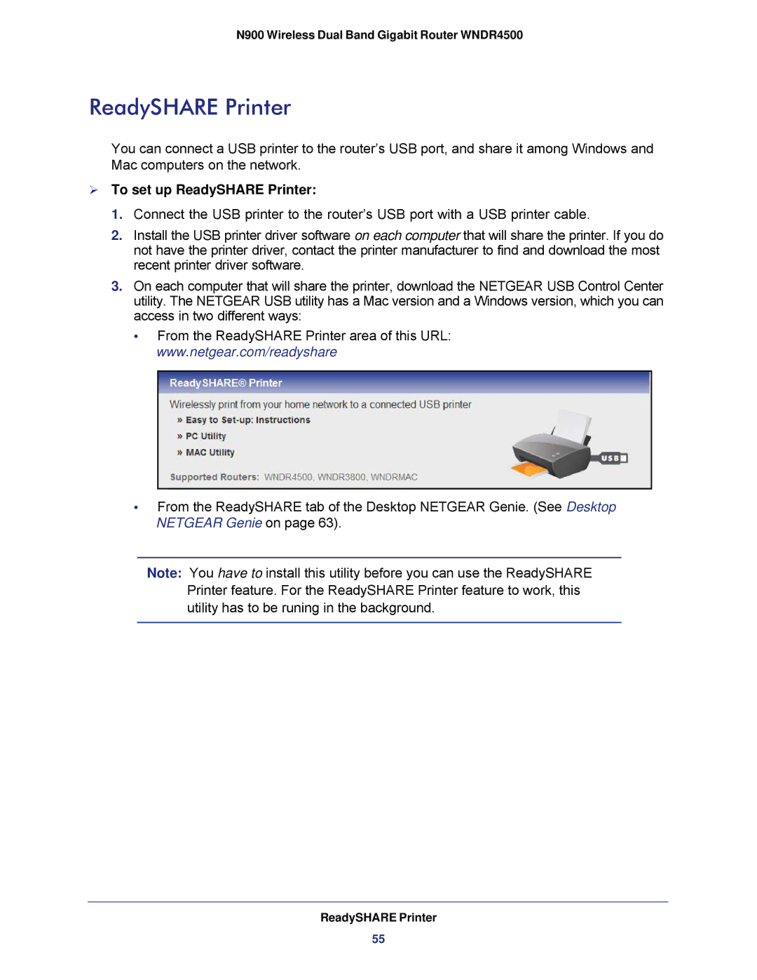 NETGEAR WNDR4500 user manual  To set up ReadySHARE Printer 