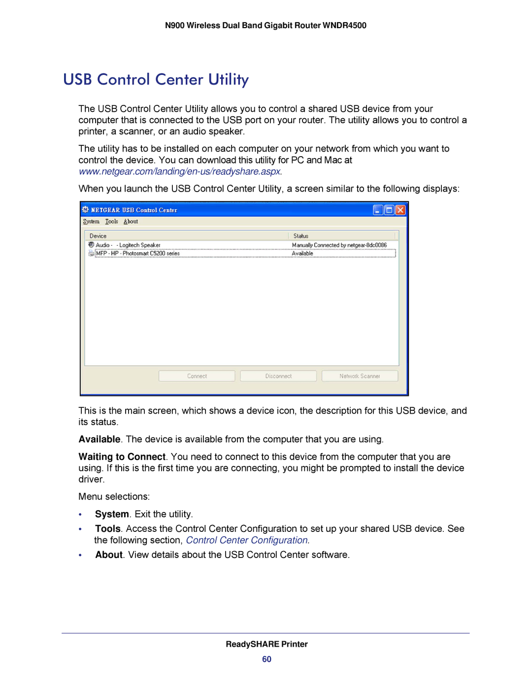 NETGEAR WNDR4500 user manual USB Control Center Utility 