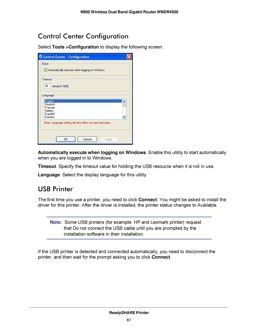 NETGEAR WNDR4500 user manual Control Center Configuration, USB Printer 