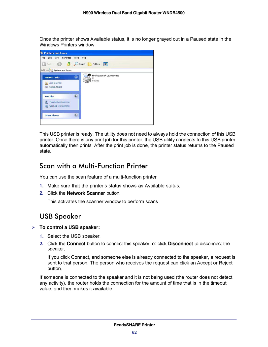 NETGEAR WNDR4500 user manual Scan with a Multi-Function Printer, USB Speaker,  To control a USB speaker 