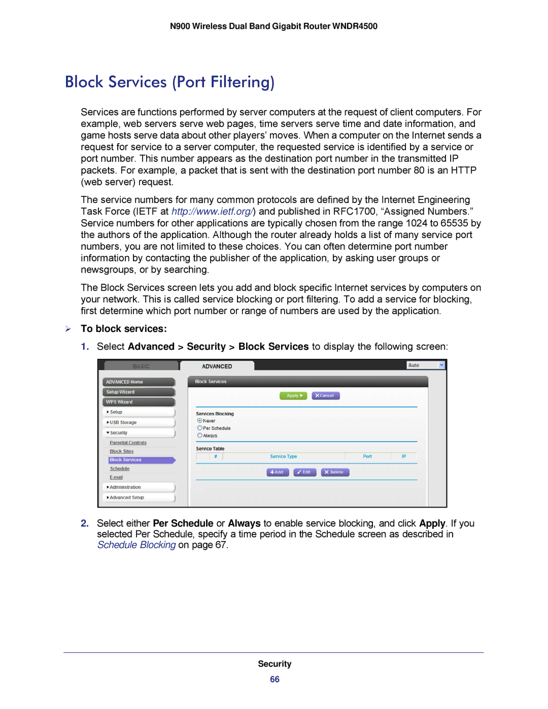 NETGEAR WNDR4500 user manual Block Services Port Filtering,  To block services 