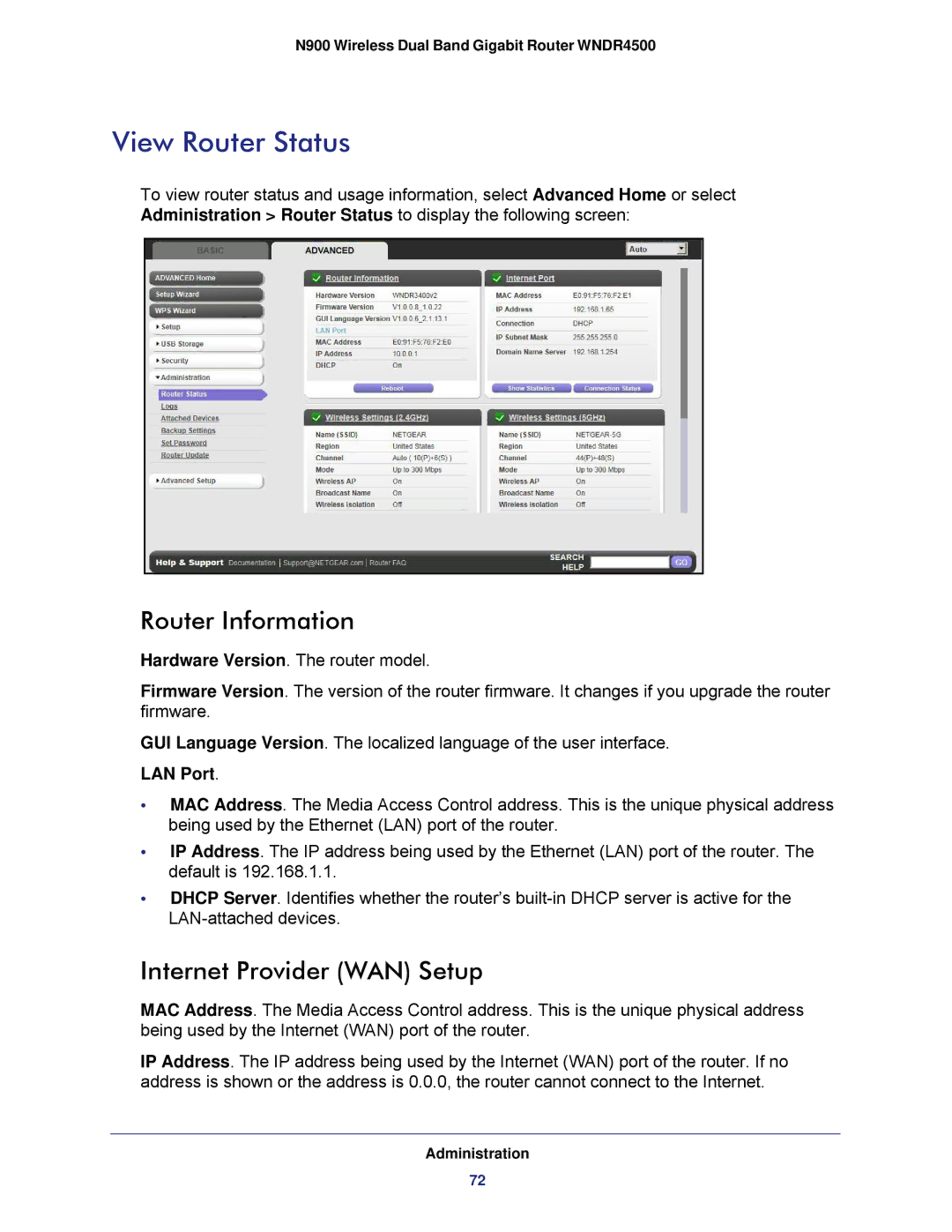 NETGEAR WNDR4500 user manual View Router Status, Router Information, Internet Provider WAN Setup, LAN Port 