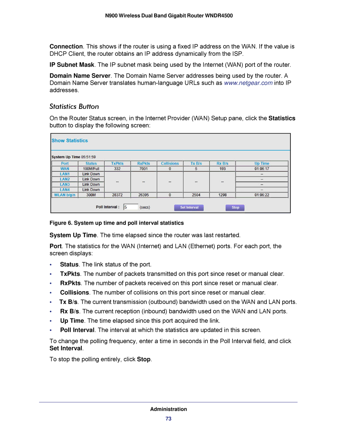 NETGEAR WNDR4500 user manual Statistics Button, System up time and poll interval statistics 