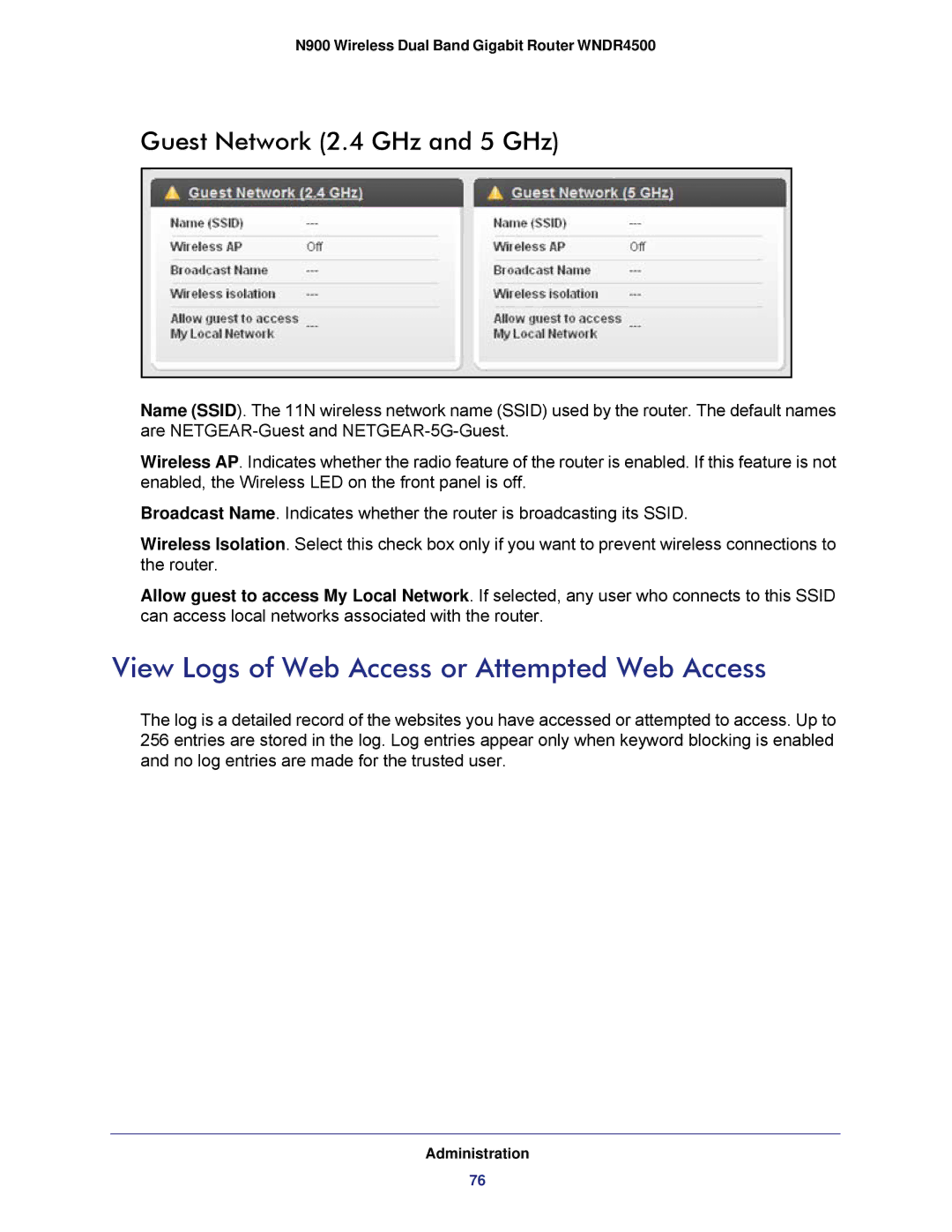 NETGEAR WNDR4500 user manual View Logs of Web Access or Attempted Web Access, Guest Network 2.4 GHz and 5 GHz 