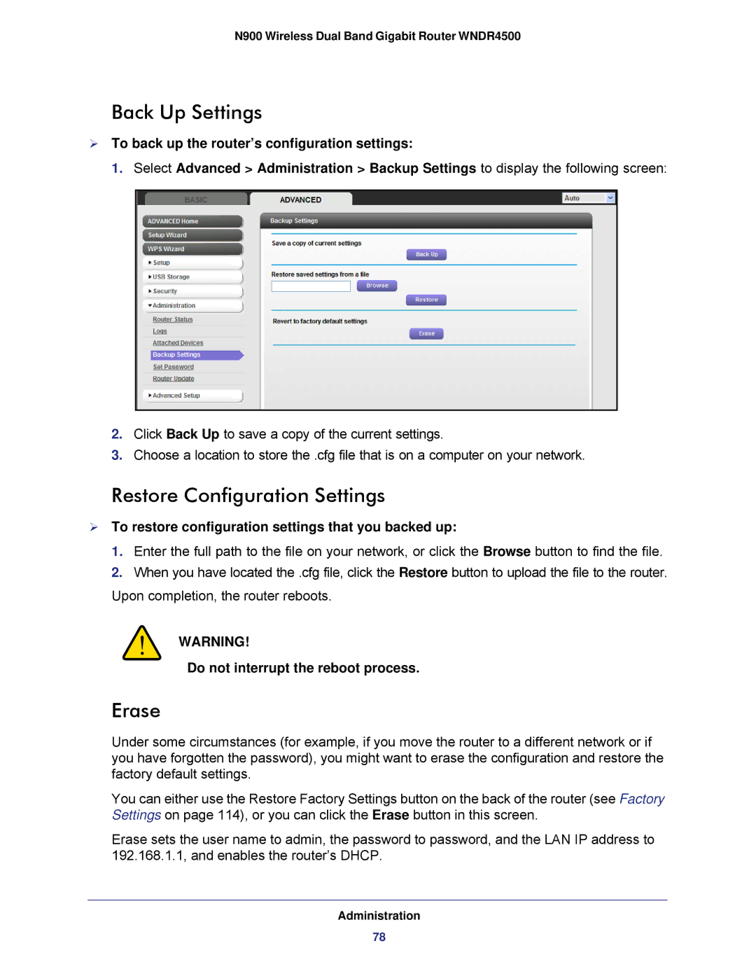 NETGEAR WNDR4500 user manual Back Up Settings, Restore Configuration Settings, Erase, Do not interrupt the reboot process 