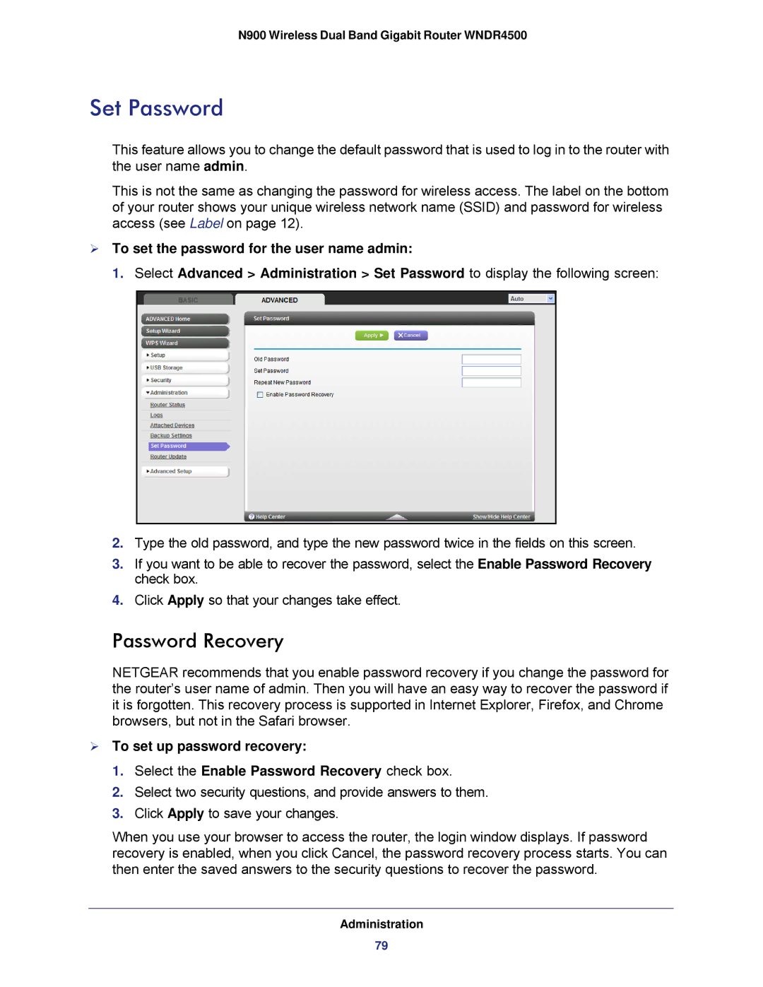 NETGEAR WNDR4500 user manual Set Password, Password Recovery 