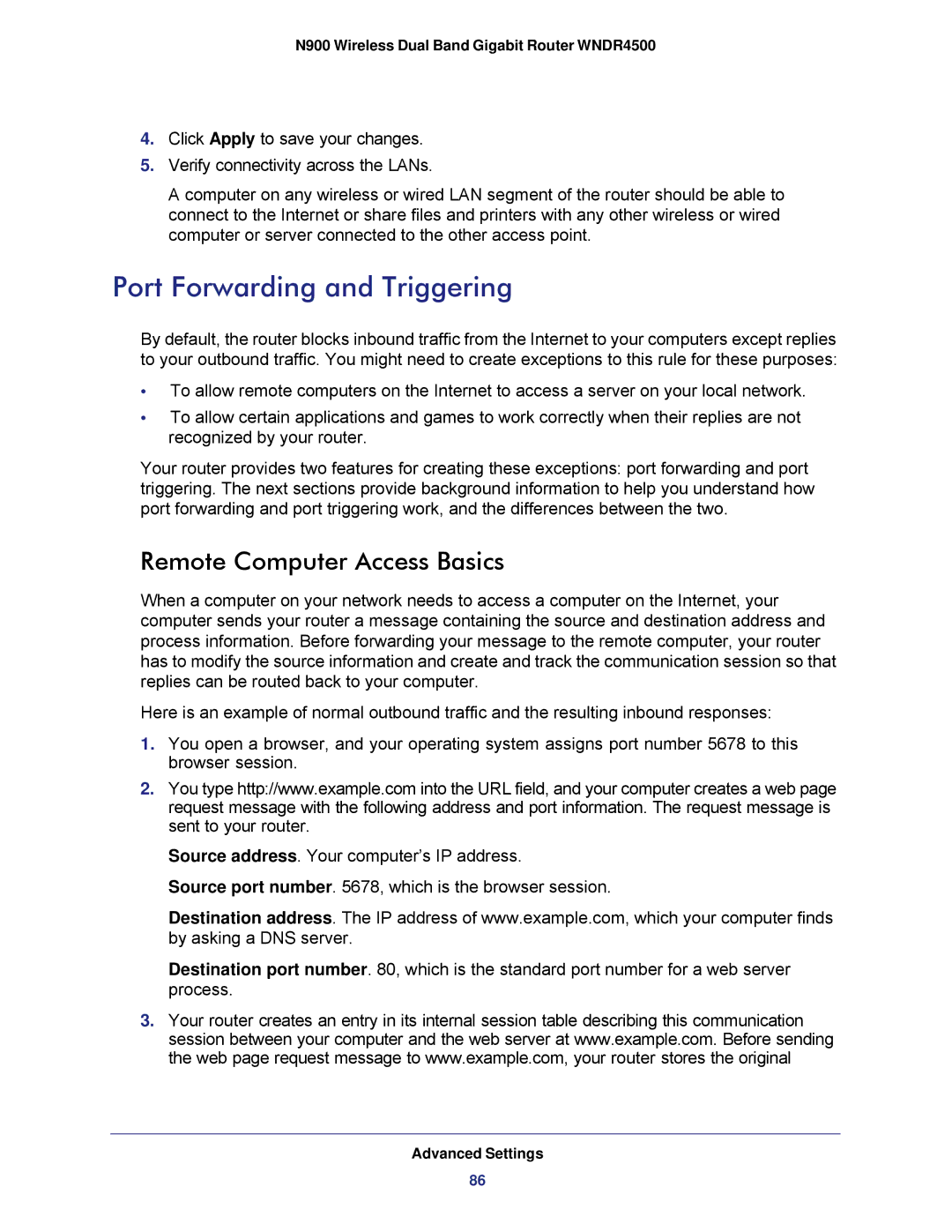 NETGEAR WNDR4500 user manual Port Forwarding and Triggering, Remote Computer Access Basics 