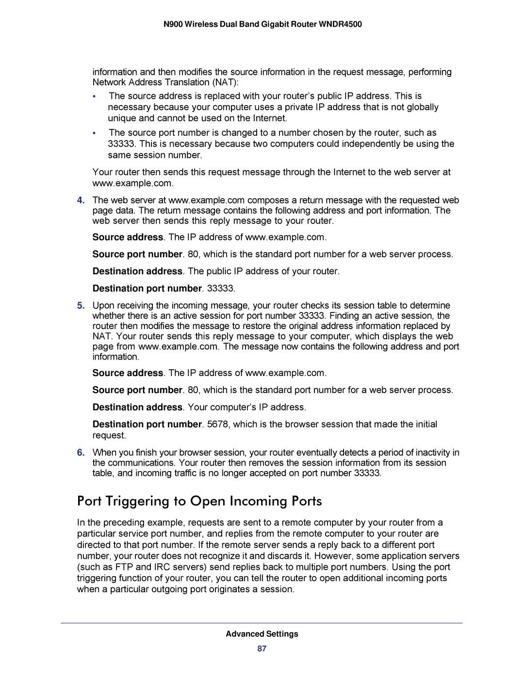 NETGEAR WNDR4500 user manual Port Triggering to Open Incoming Ports, Destination port number 