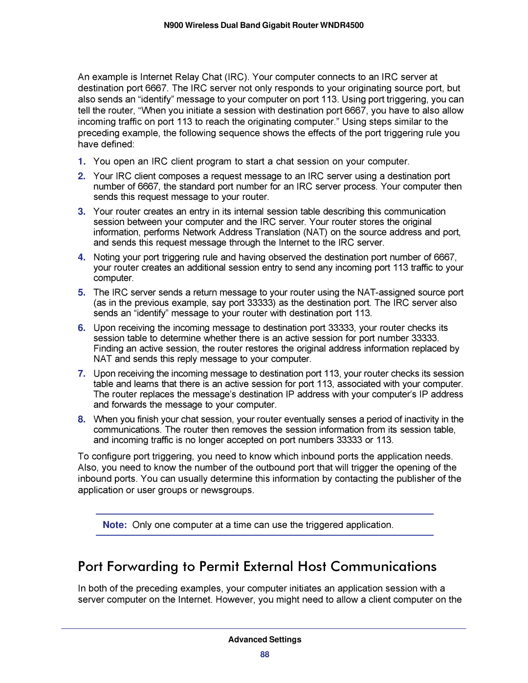 NETGEAR WNDR4500 user manual Port Forwarding to Permit External Host Communications 