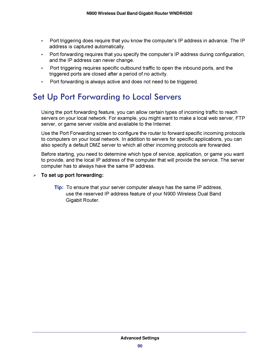 NETGEAR WNDR4500 user manual Set Up Port Forwarding to Local Servers,  To set up port forwarding 