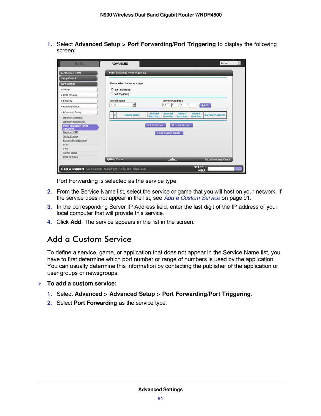 NETGEAR WNDR4500 user manual Add a Custom Service 