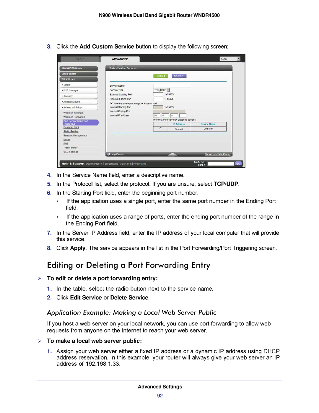 NETGEAR WNDR4500 Editing or Deleting a Port Forwarding Entry, Application Example Making a Local Web Server Public 