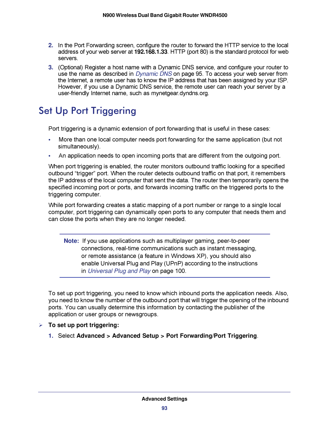 NETGEAR WNDR4500 user manual Set Up Port Triggering, Universal Plug and Play on 