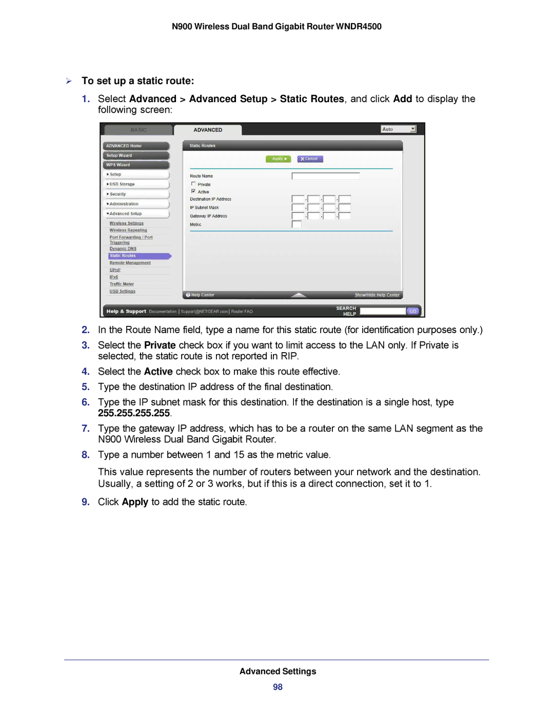 NETGEAR WNDR4500 user manual  To set up a static route 