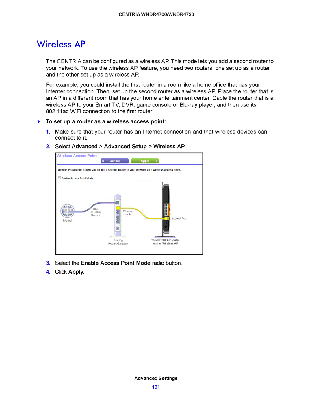 NETGEAR WNDR4720, WNDR4700 user manual Wireless AP,  To set up a router as a wireless access point 