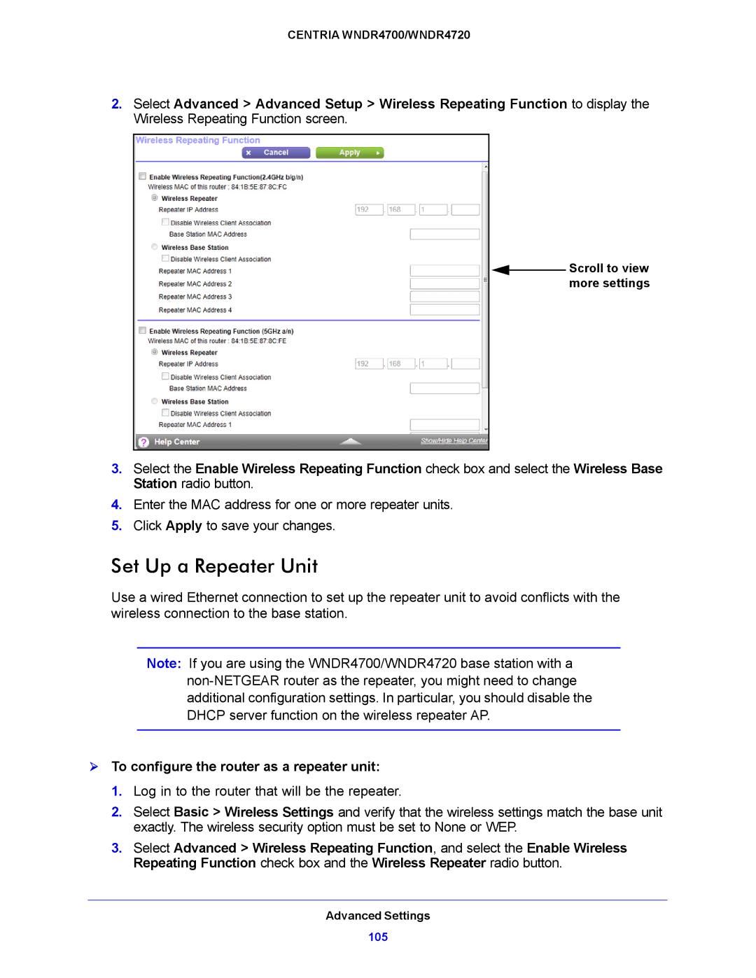 NETGEAR WNDR4720, WNDR4700 user manual Set Up a Repeater Unit,  To configure the router as a repeater unit 