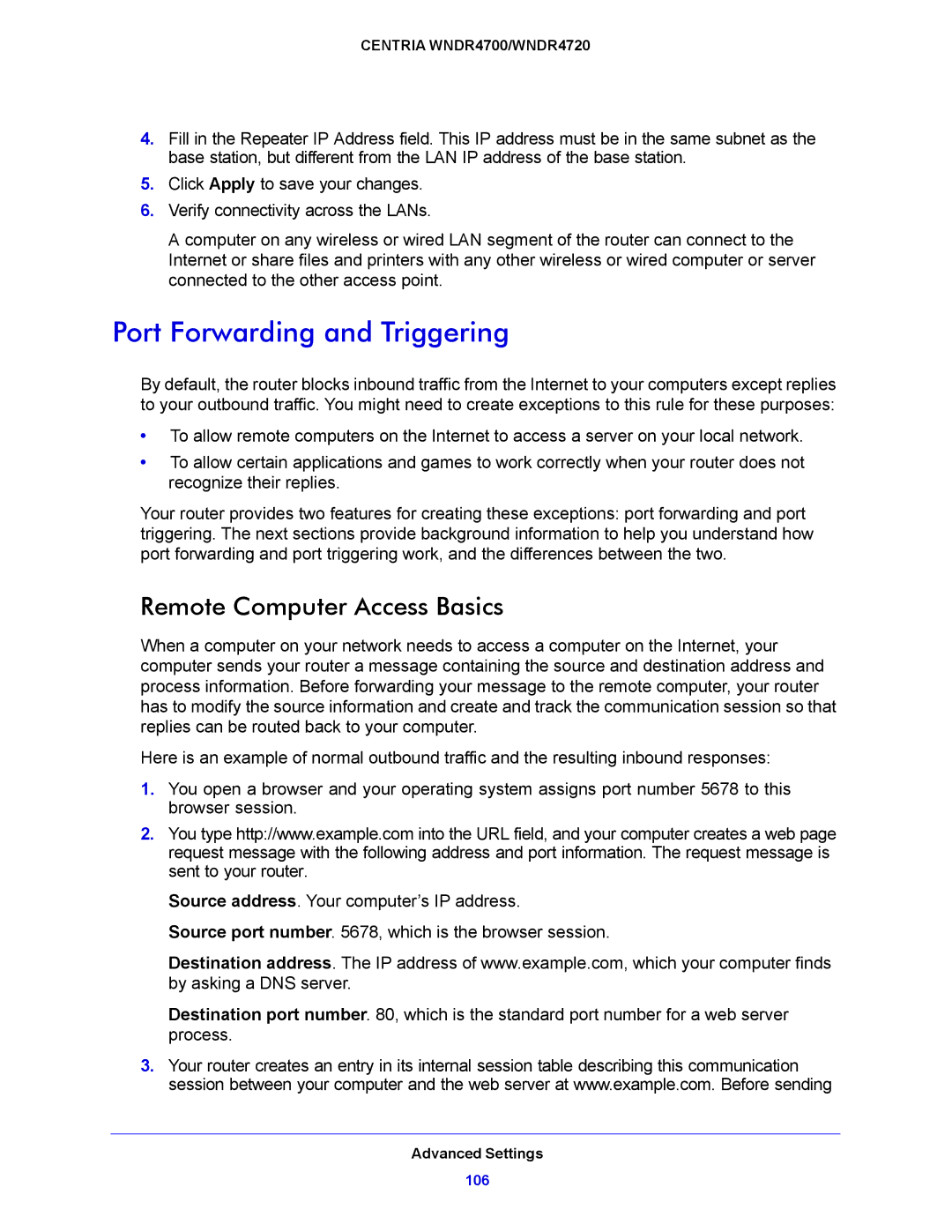 NETGEAR WNDR4700, WNDR4720 user manual Port Forwarding and Triggering, Remote Computer Access Basics 