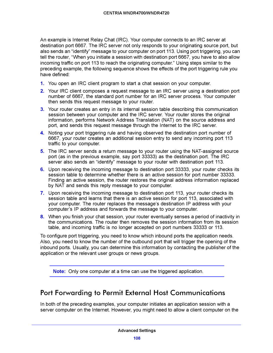 NETGEAR WNDR4700, WNDR4720 user manual Port Forwarding to Permit External Host Communications 