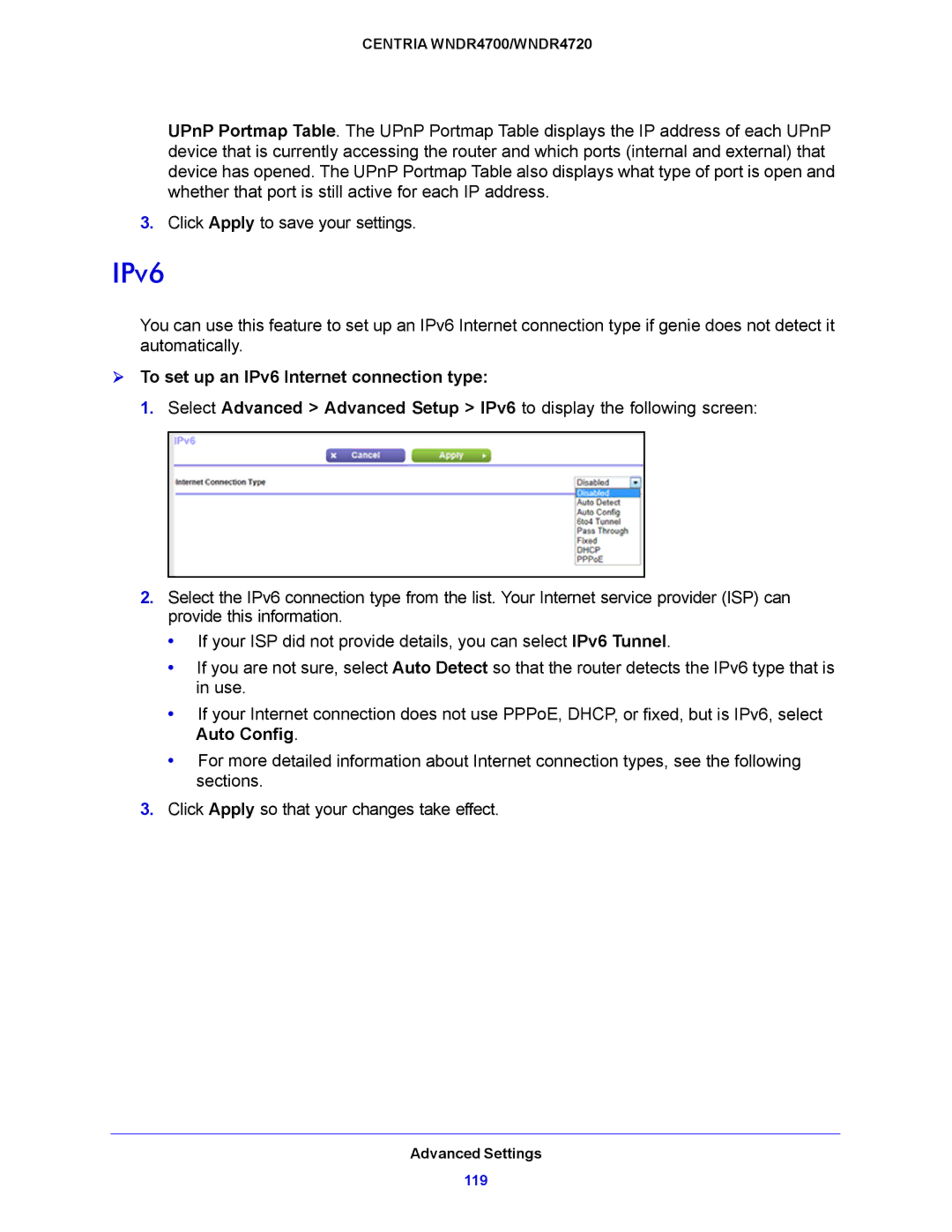 NETGEAR WNDR4720, WNDR4700 user manual  To set up an IPv6 Internet connection type 