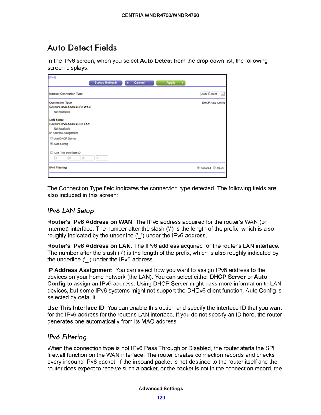 NETGEAR WNDR4700, WNDR4720 user manual Auto Detect Fields, IPv6 LAN Setup, IPv6 Filtering 