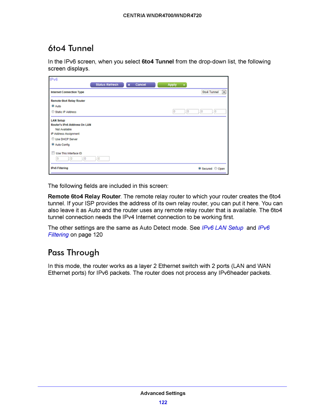 NETGEAR WNDR4700, WNDR4720 user manual 6to4 Tunnel, Pass Through 