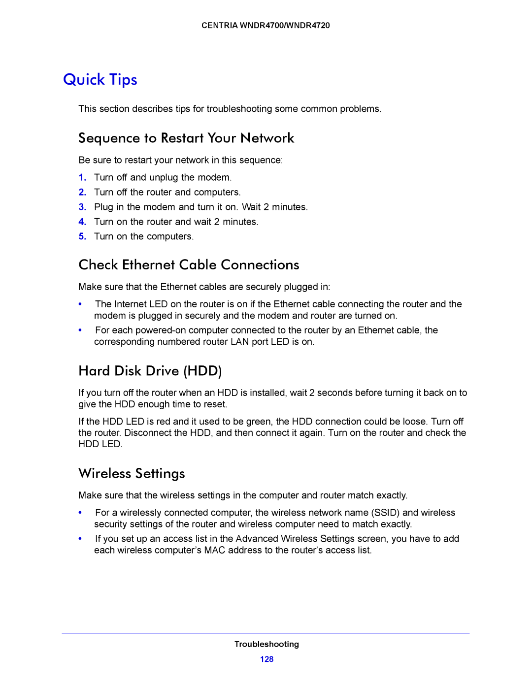 NETGEAR WNDR4700 Quick Tips, Sequence to Restart Your Network, Check Ethernet Cable Connections, Hard Disk Drive HDD 