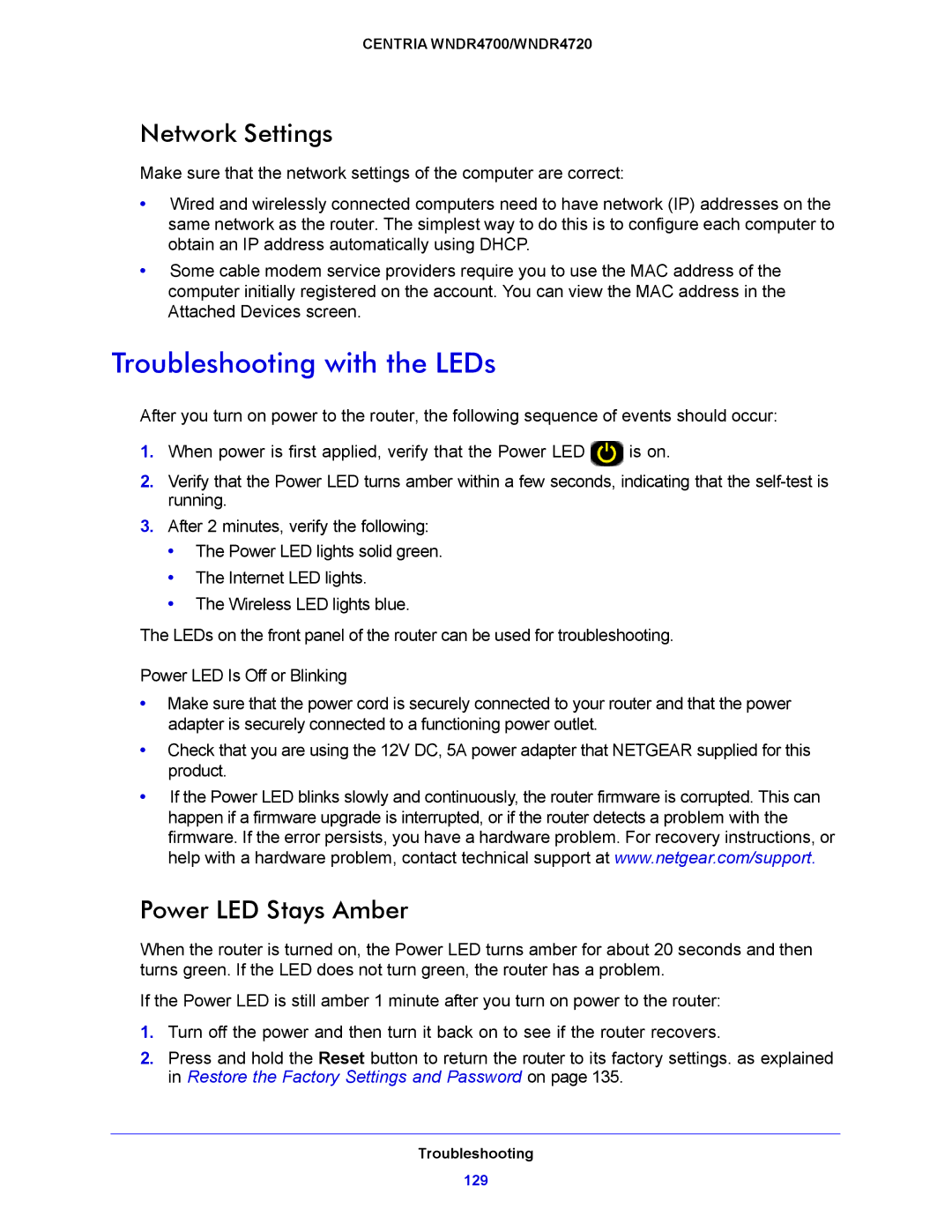 NETGEAR WNDR4720, WNDR4700 user manual Troubleshooting with the LEDs, Network Settings, Power LED Stays Amber 