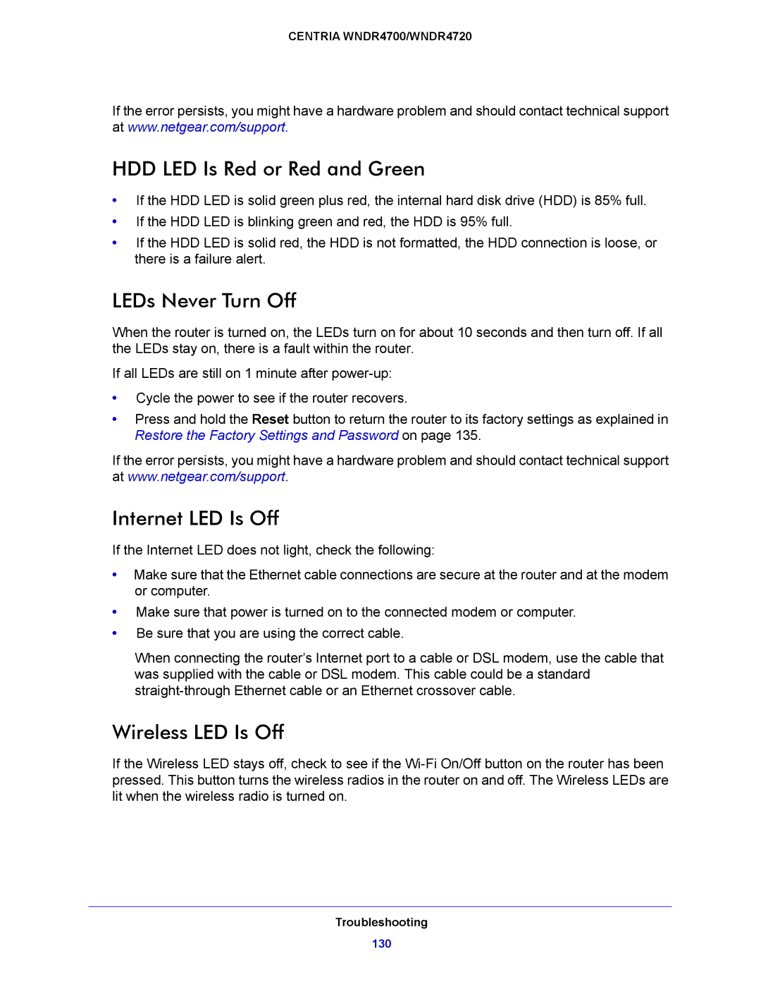 NETGEAR WNDR4700, WNDR4720 HDD LED Is Red or Red and Green, LEDs Never Turn Off, Internet LED Is Off, Wireless LED Is Off 