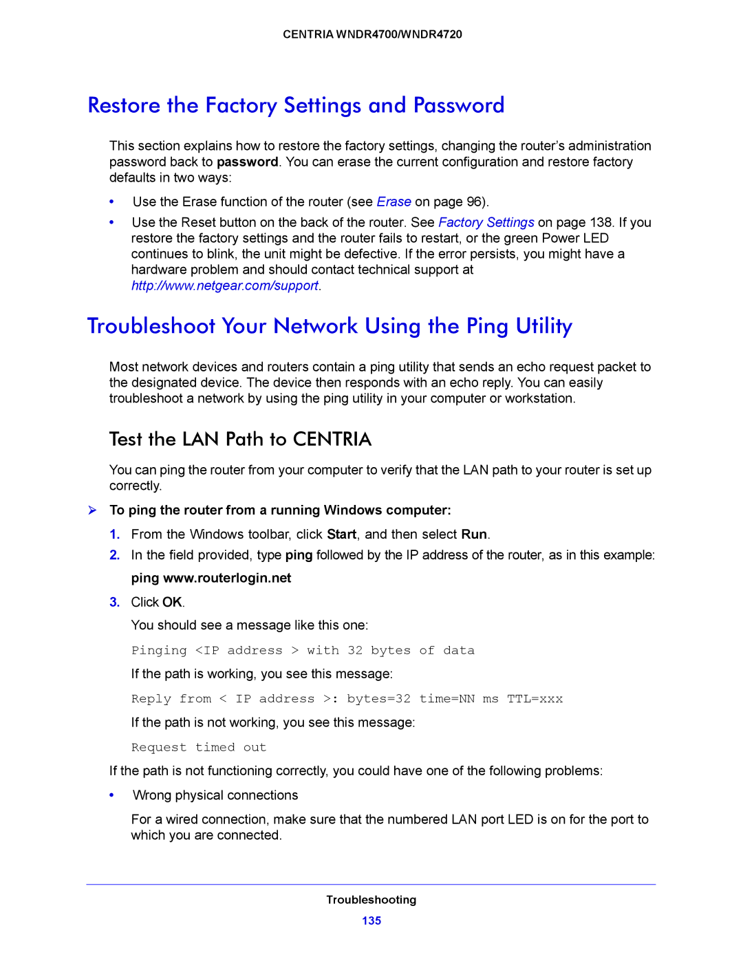 NETGEAR WNDR4720, WNDR4700 Restore the Factory Settings and Password, Troubleshoot Your Network Using the Ping Utility 