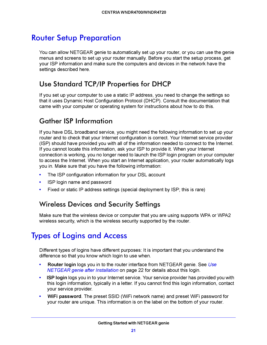 NETGEAR WNDR4720, WNDR4700 Router Setup Preparation, Types of Logins and Access, Use Standard TCP/IP Properties for Dhcp 