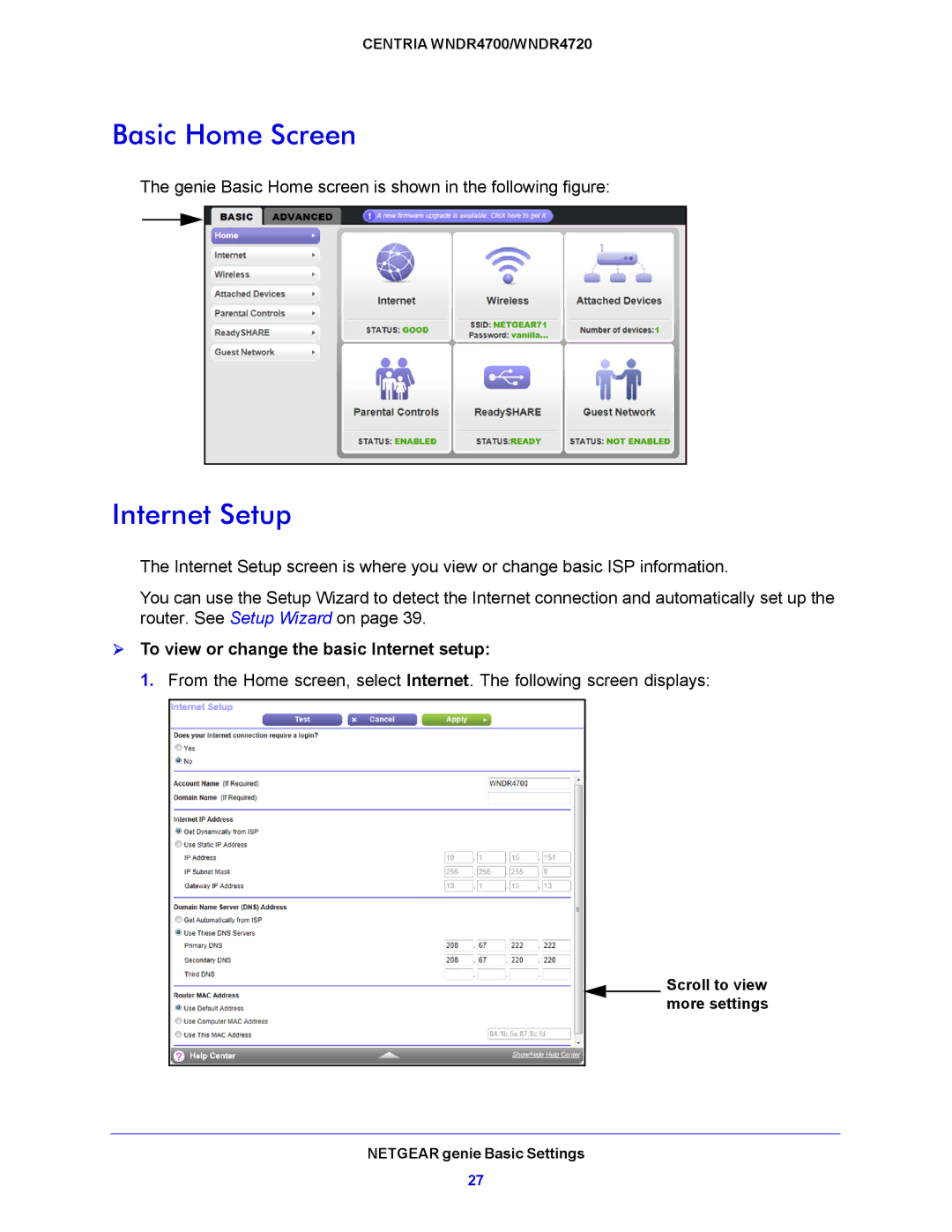 NETGEAR WNDR4720, WNDR4700 user manual Basic Home Screen, Internet Setup,  To view or change the basic Internet setup 