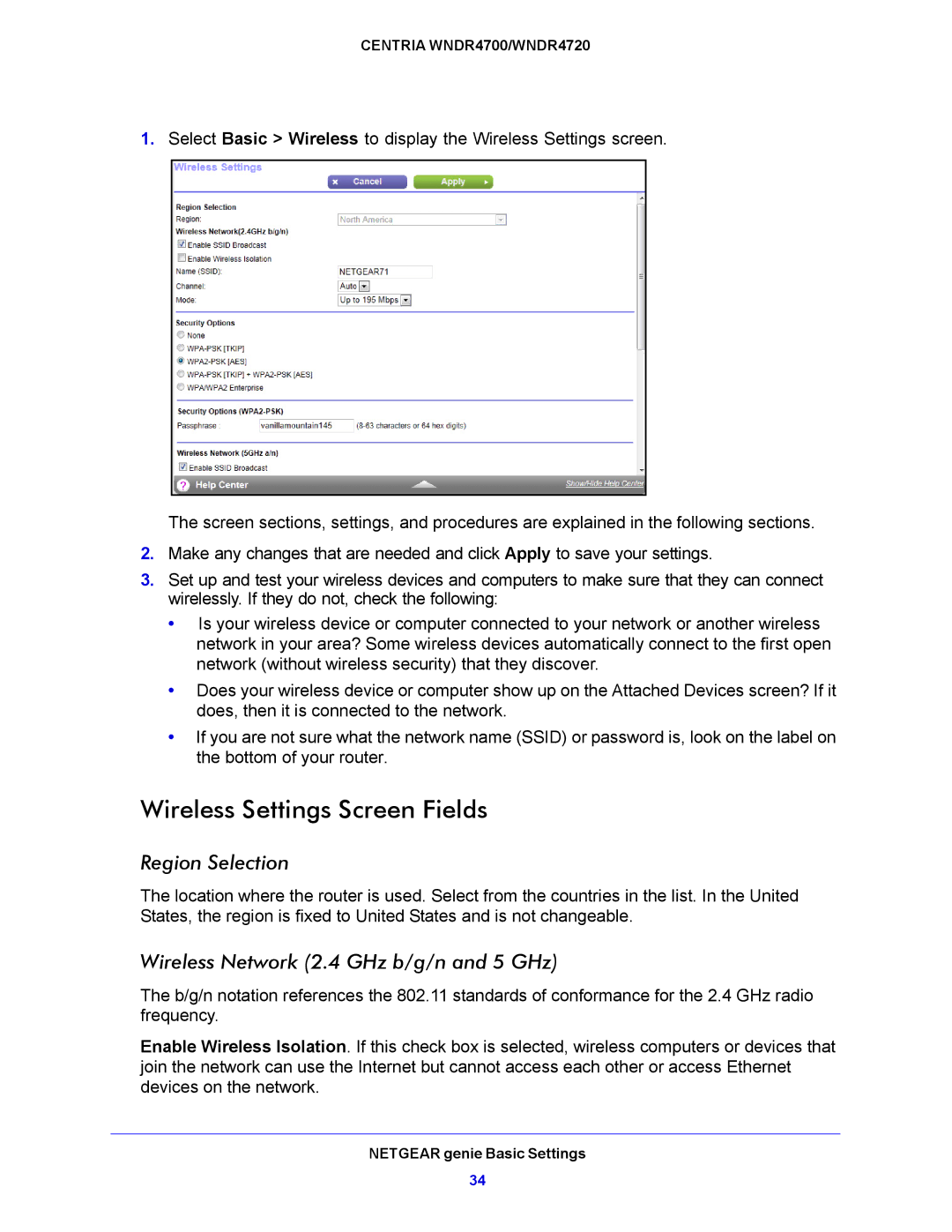 NETGEAR WNDR4700, WNDR4720 Wireless Settings Screen Fields, Region Selection, Wireless Network 2.4 GHz b/g/n and 5 GHz 