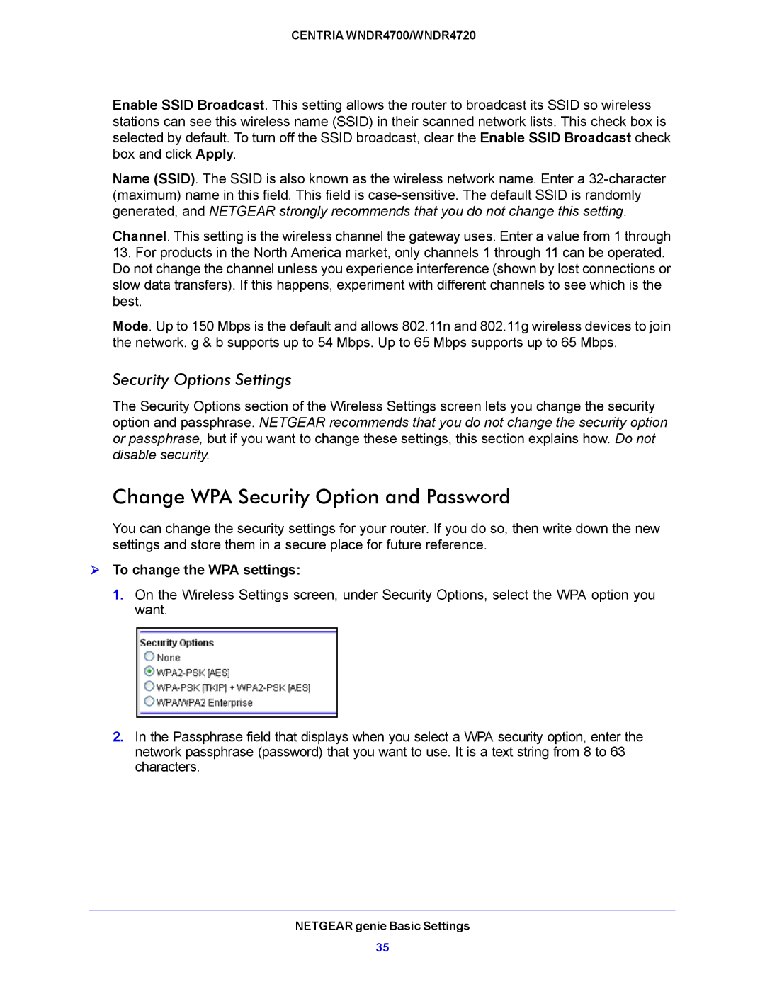 NETGEAR WNDR4720 Change WPA Security Option and Password, Security Options Settings,  To change the WPA settings 