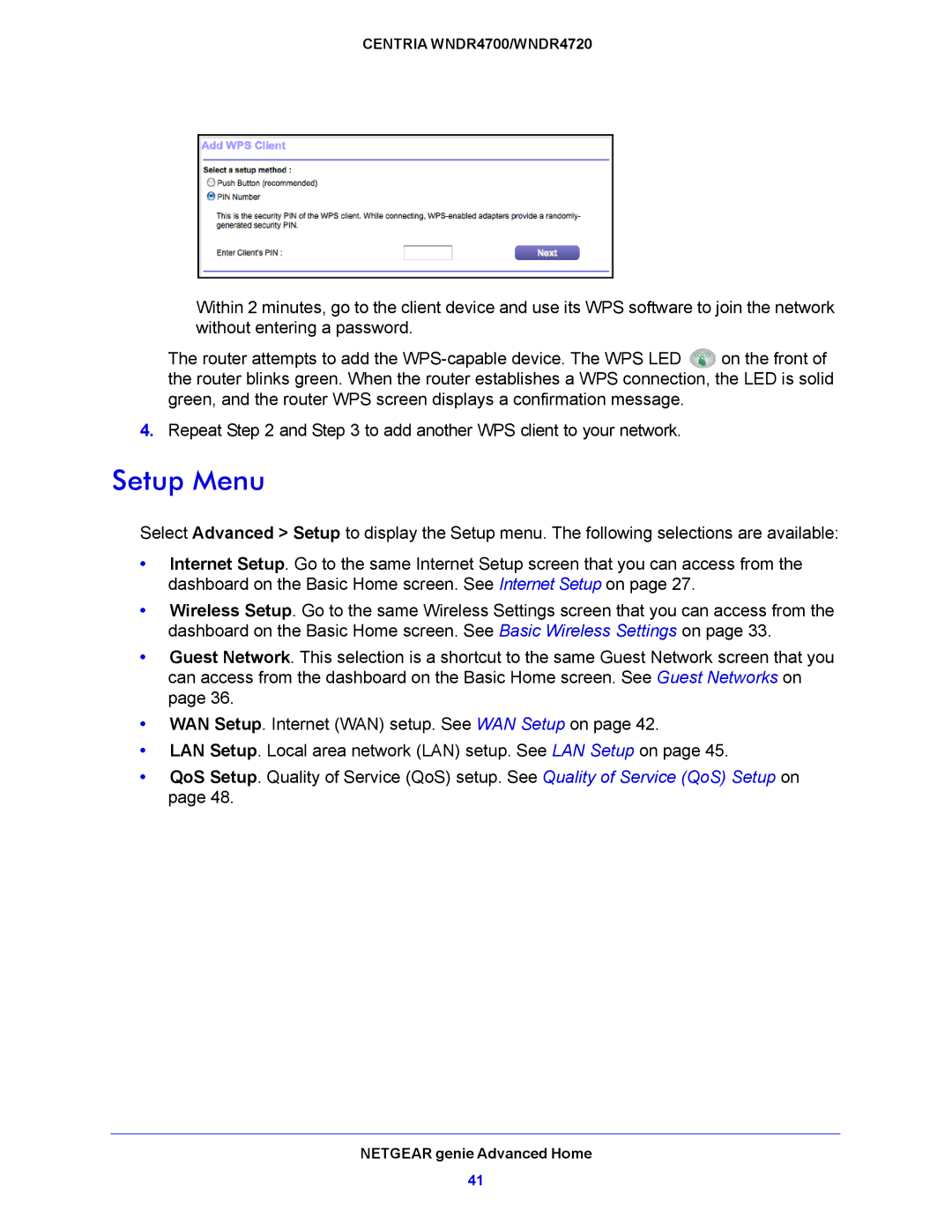 NETGEAR WNDR4720, WNDR4700 user manual Setup Menu 