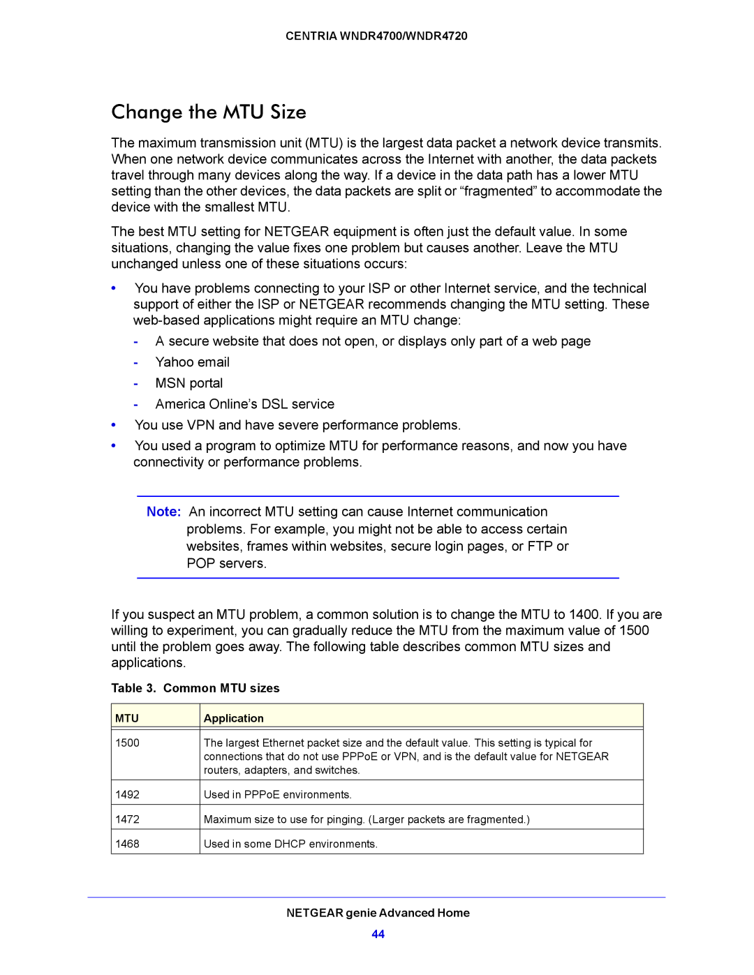 NETGEAR WNDR4700, WNDR4720 user manual Change the MTU Size, Common MTU sizes 