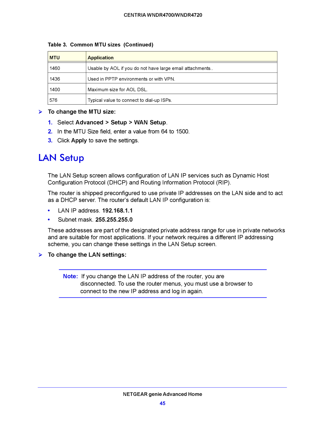 NETGEAR WNDR4720 LAN Setup,  To change the MTU size Select Advanced Setup WAN Setup,  To change the LAN settings 