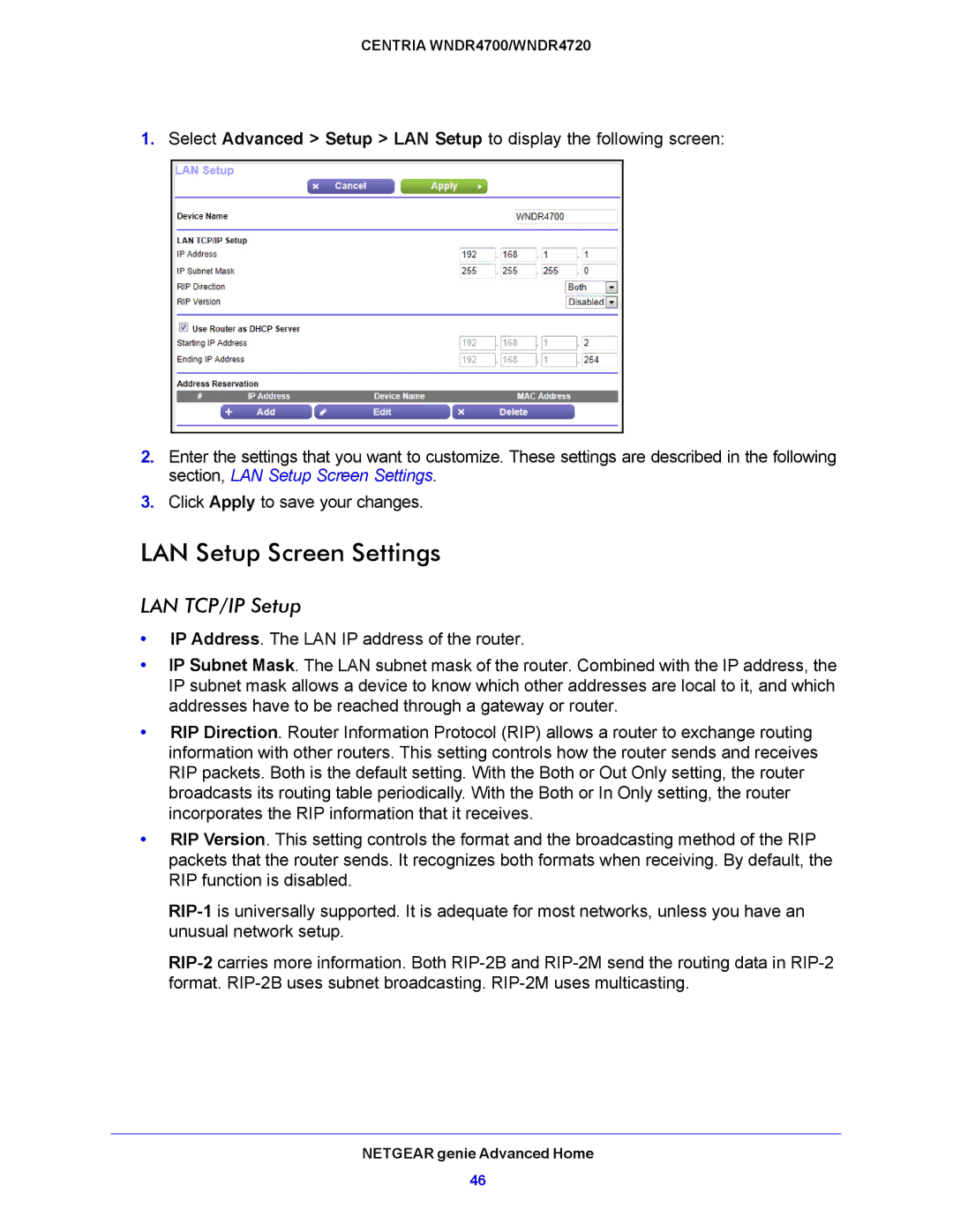 NETGEAR WNDR4700, WNDR4720 user manual LAN Setup Screen Settings, LAN TCP/IP Setup 