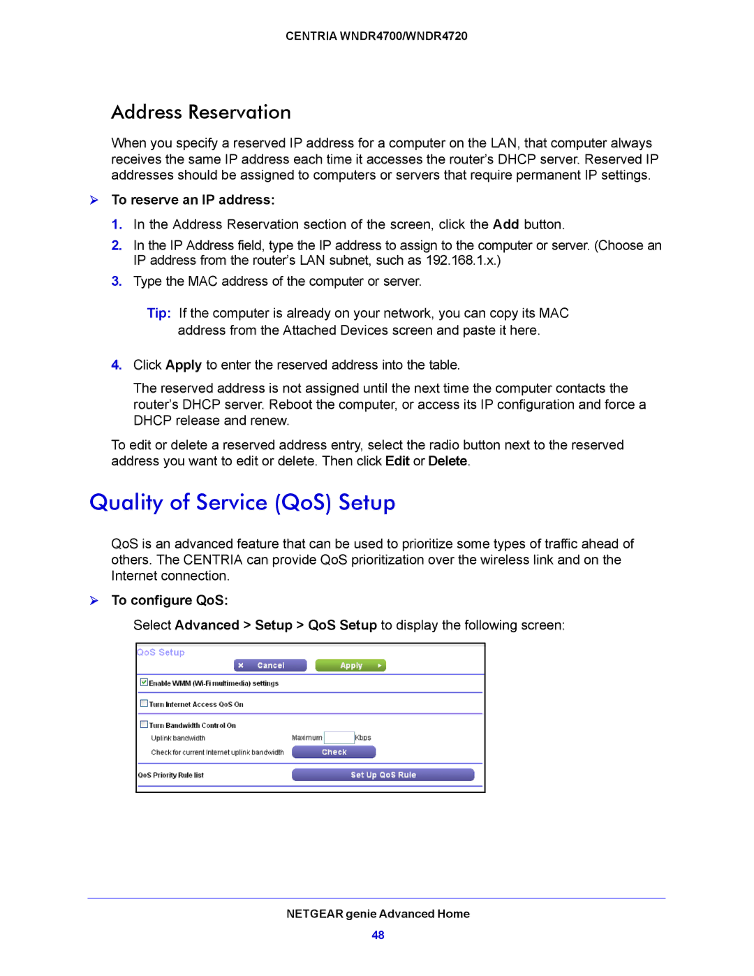 NETGEAR WNDR4700 Quality of Service QoS Setup, Address Reservation,  To reserve an IP address,  To configure QoS 