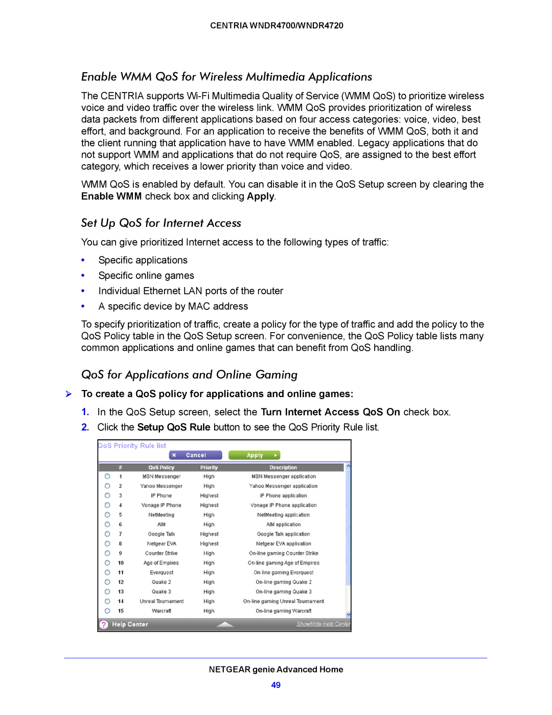 NETGEAR WNDR4720, WNDR4700 user manual Enable WMM QoS for Wireless Multimedia Applications, Set Up QoS for Internet Access 