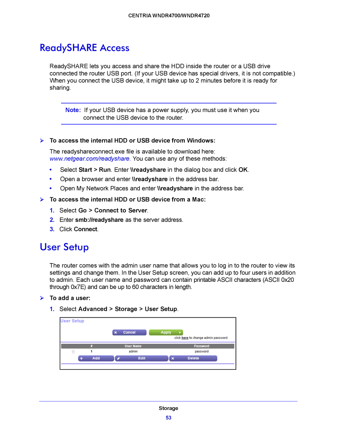 NETGEAR WNDR4720, WNDR4700 ReadySHARE Access, User Setup,  To access the internal HDD or USB device from Windows 