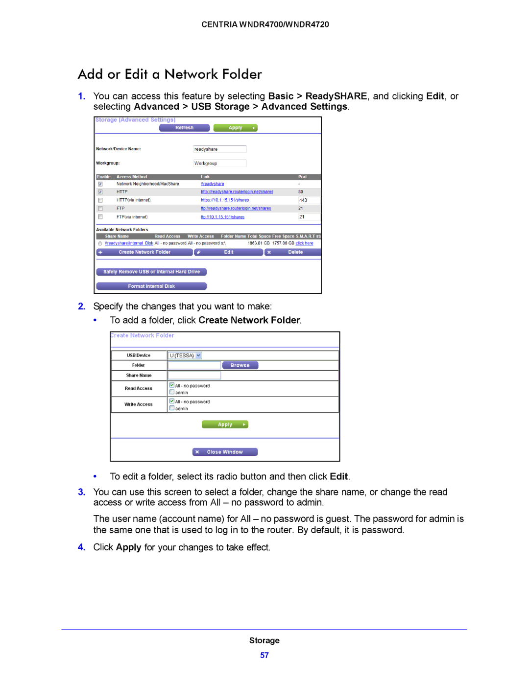 NETGEAR WNDR4720, WNDR4700 user manual Add or Edit a Network Folder 